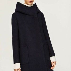 ZARA OUTERWEAR NAVY wool blend Long coat with Wrap Collar